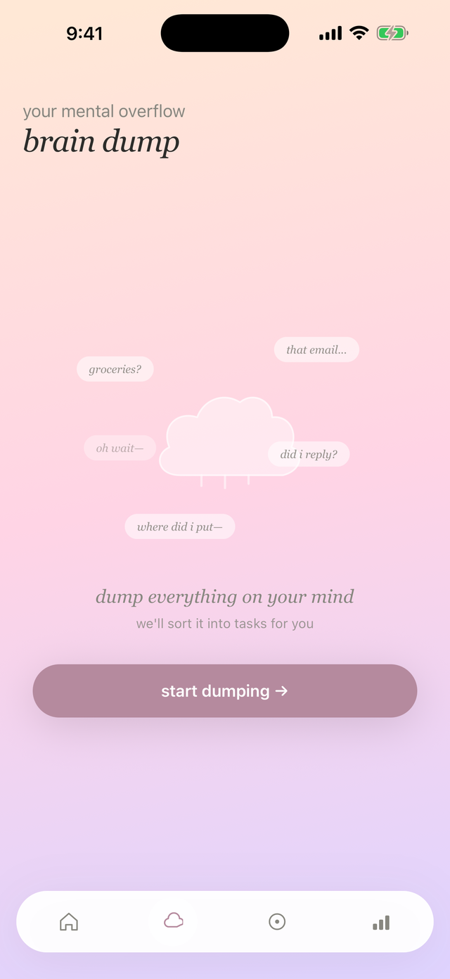 the cloudlist brain dump screen with thought fragments drifting around a cloud
