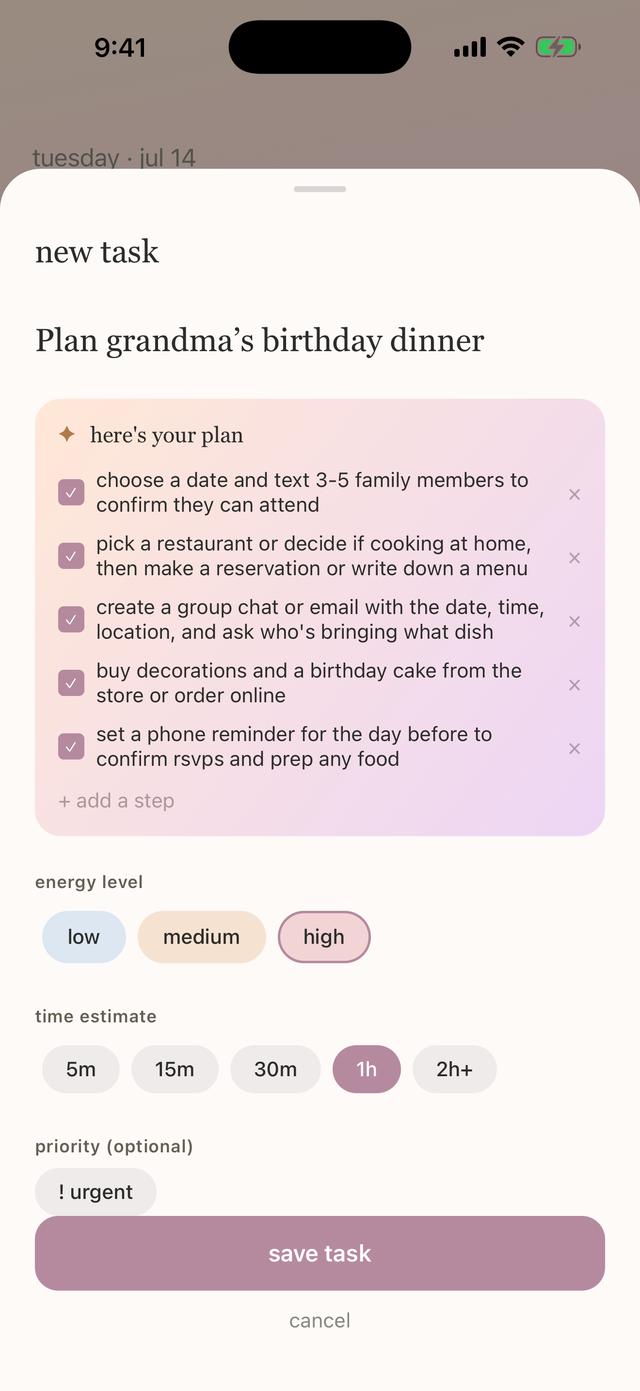 a task broken into five smaller steps inside the cloudlist new task screen
