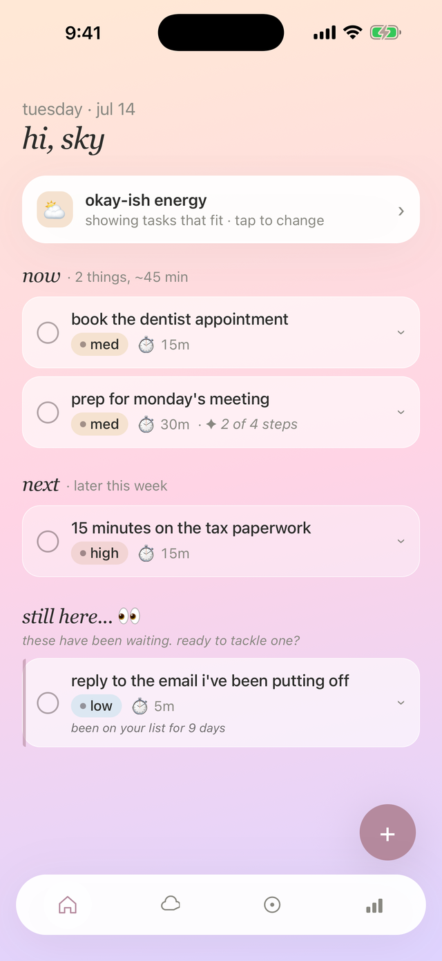the cloudlist today screen with tasks grouped under now, next and still here